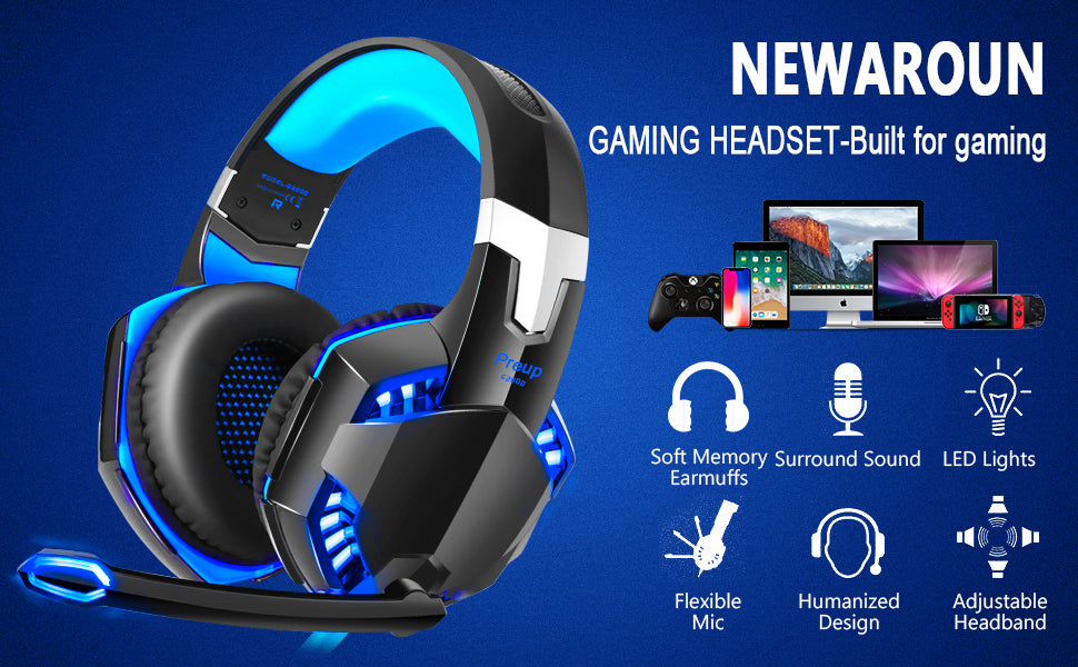 Gaming Headset, Xbox One Headset, G2000 3.5mm PS4 Headset with Noise Cancelling Mic, Surround Sound, LED Light, Volume Control Gaming Headphones for PS5 PC Switch PS3 PSP Video Game Laptop Mac - Blue