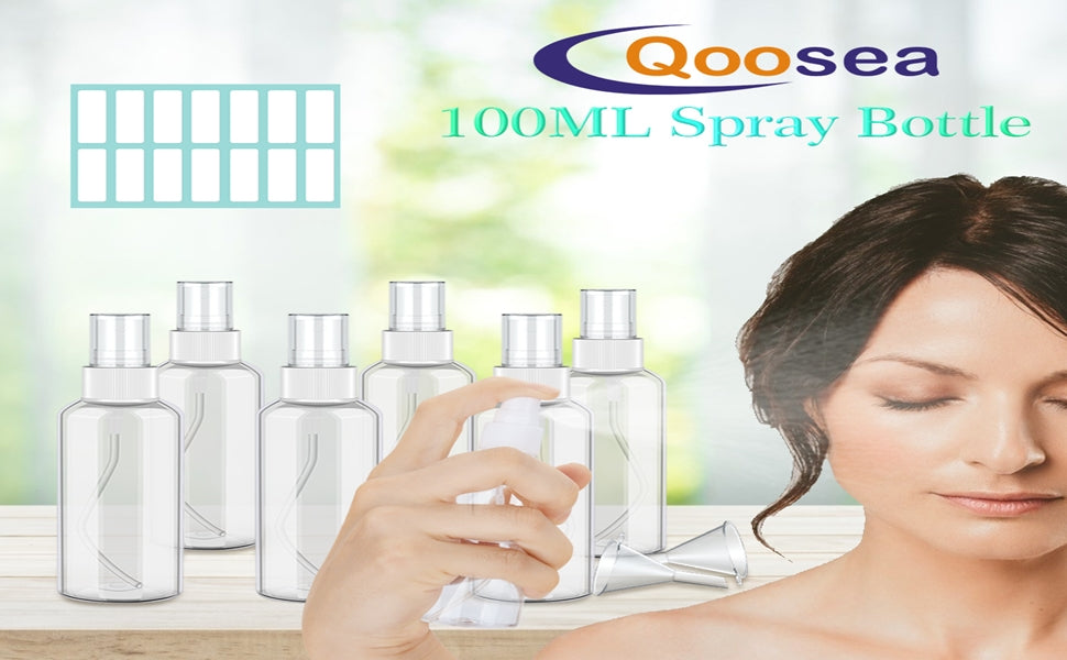 10 x 100ml Spray Bottles, Empty Clear Fine Mist Spray Bottles, Plastic Mini Travel Atomiser Bottle Set, Small Refillable Liquid Containers with 2pcs Funnels and 14pcs Labels for Cosmetic Makeup