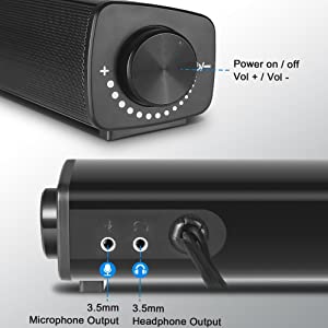 OWAIZU PC Speakers USB Wired Stereo Soundbar Built-in Microphone Input & Headphone Output Ports Mini Sound Bar for Computer Desktop Laptop Notebook Smartphone Monitor Small TV