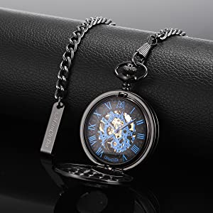 Pocket Watch - Double Engraved Skeleton Dial ManChDa Retro Mens Mechanical Watch Golden Movement with Chain + Gift Box