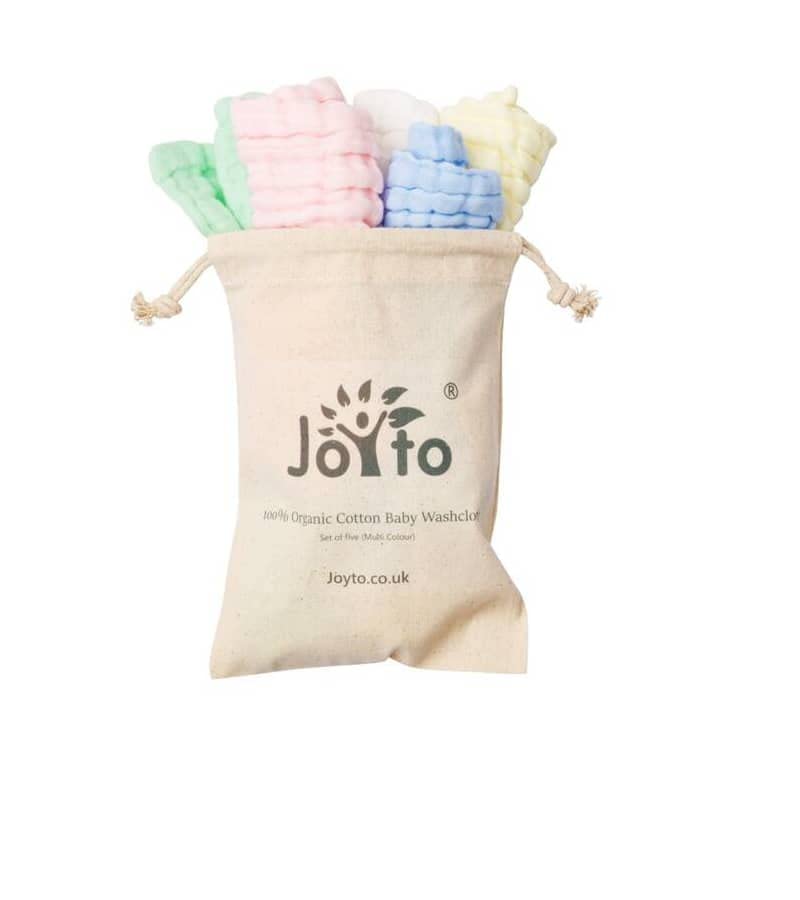 Joyto Baby Muslin Squares Wash Cloths 25cm X 25cm, Newborn Muslin Cloths Reusable, Bath Towel and Face Cloth - Multi Colour (Pack of 5)