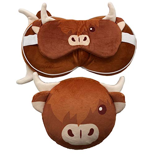 Puckator Cushions, Relaxeazzz Highland Coo Cow Round Plush Travel Pillow & Eye Mask