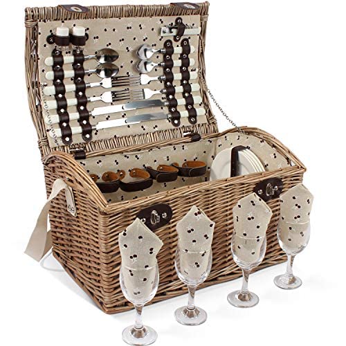 HappyPicnic Willow Picnic Basket Set for 4 Persons, Natural Wicker Picnic Hamper with Tableware Set