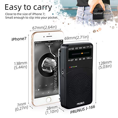 J-166 Portable Radio Battery Operated, AM FM Radio Pocket, Small Radio Transistor with Tuning Light, Back Clip, Excellent Reception for Outdoor & Indoor & Emergencies by PRUNUS