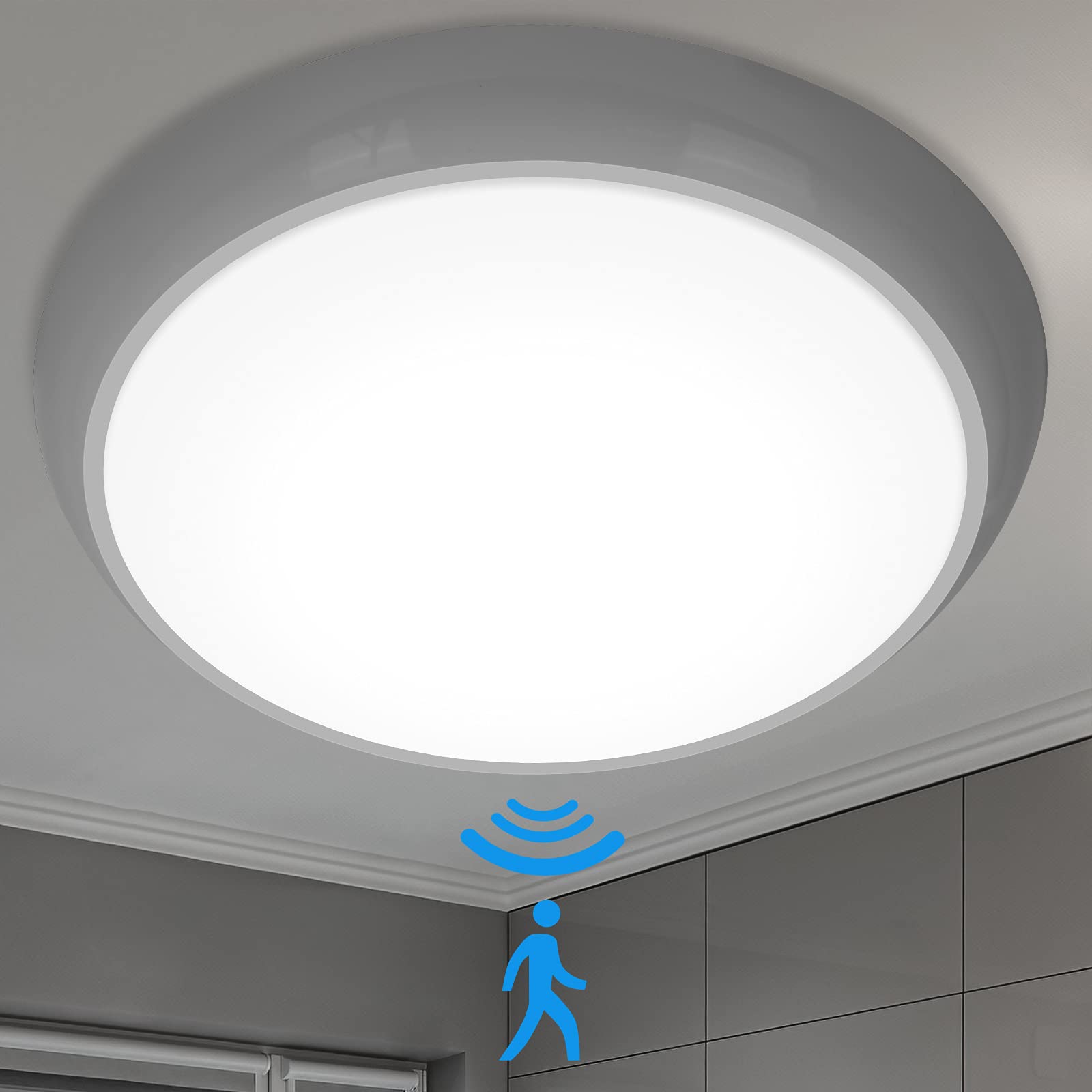 Motion Sensor Bathroom Light 100W Equivalent, Ø28cm, 1900lm 24W Waterproof LED Flush Ceiling Lights Indoor, Radar Sensor for Hallway Porch Stairway Warehouse Garage Cellar Basement, Daylight White