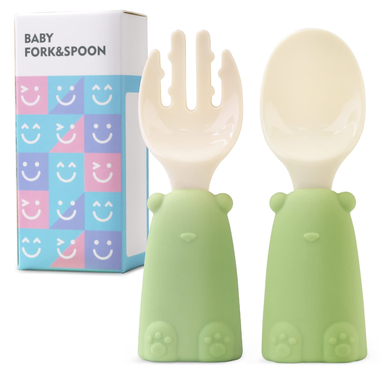 Baby Fork and Spoon Set, Easy Grip Cutlery Set for Children, Toddler, Silicone Baby Short Handle Training Utensils Ergonomically Designed to Promote Self-Feeding, 6-12 Month (Olive)