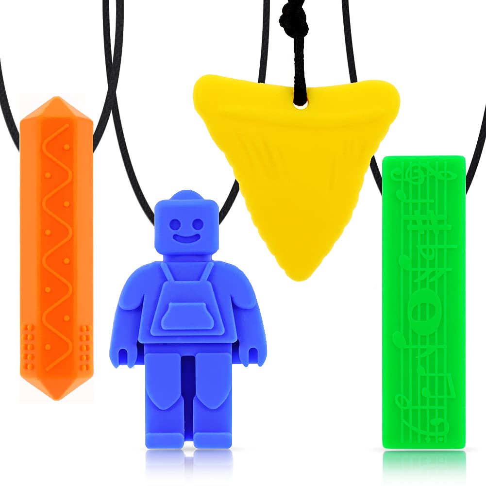 Sensory Chew Necklaces(4 Pack) for Kids with Teething, ADHD, Autism, Biting Needs, Oral Motor Chewy Teether, Silicone chewlery Jewellery Necklace for Boys&Girls (Style 2)