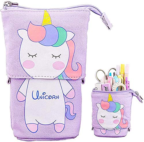 Stand Up Pencil Case,NETUME Telescopic Canvas Pencil Pouch/Pen Holder Pot/Makeup Bag for Girls,Kids,Boys,Cute Cartoon Sliding Pencil Case Organiser for Birthday Christmas Gift,School Home Use,Purple