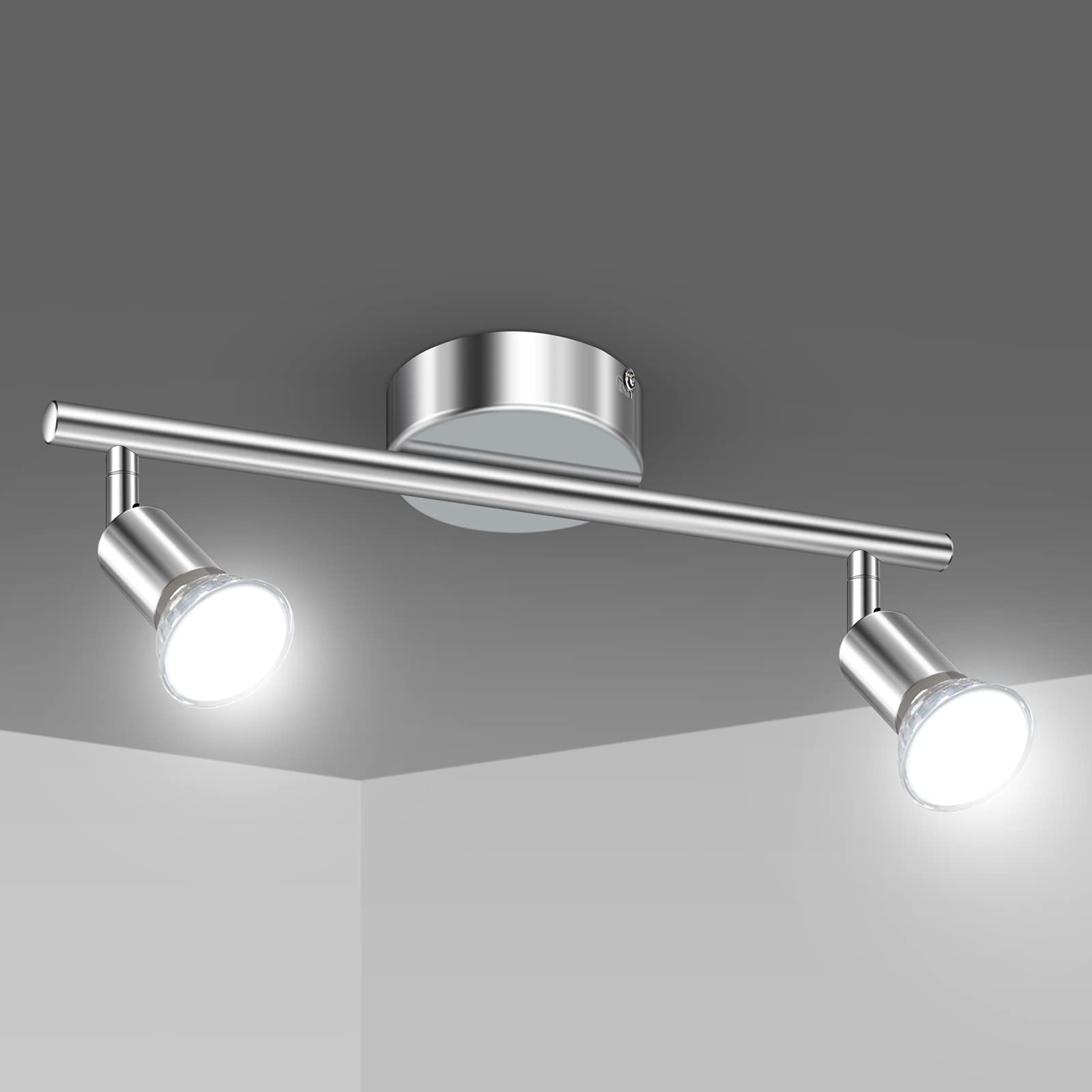 Uchrolls LED Ceiling Light Rotatable,2 Way Modern Ceiling Spotlight for Kitchen, Living Room and Bedroom, Complete with 2X 4W GU10 LED Light Bulbs (450LM, Cool White)- White Chrome
