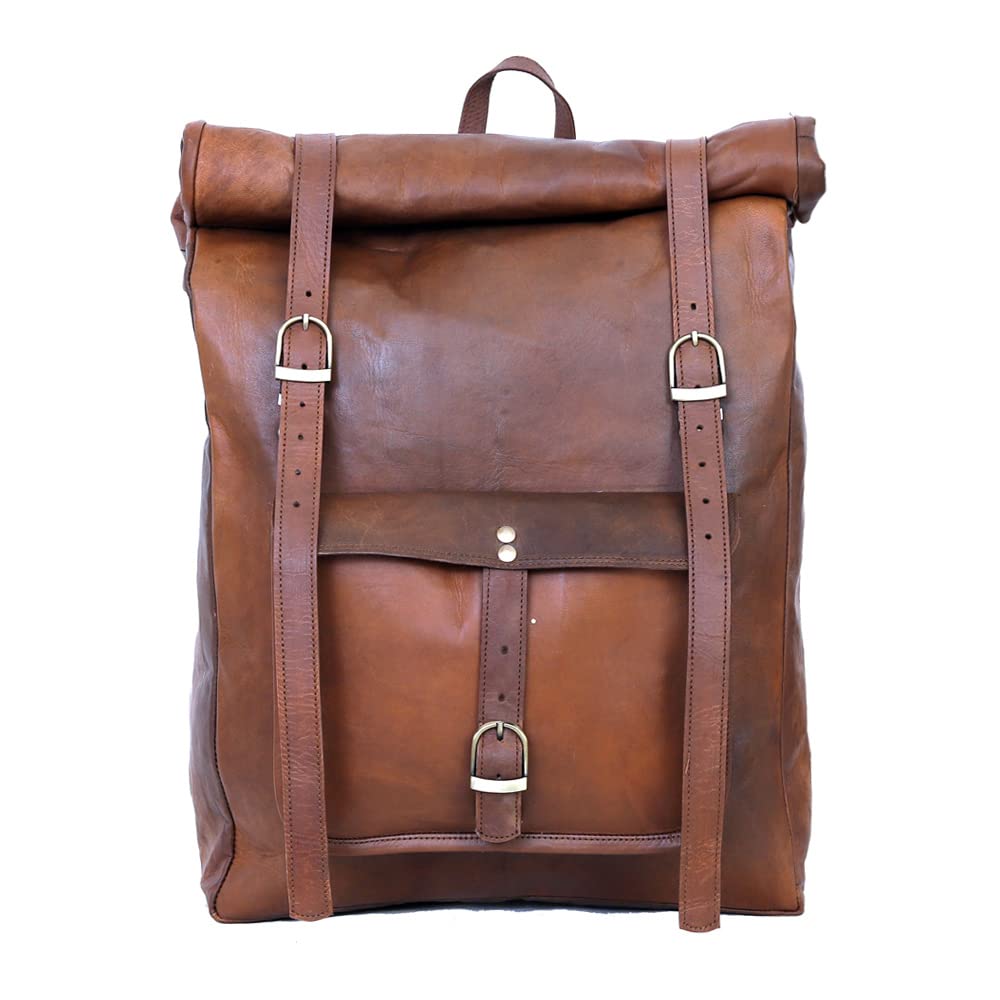 Handoledercouk Men's Leather Vintage Roll On Laptop Backpack One Size