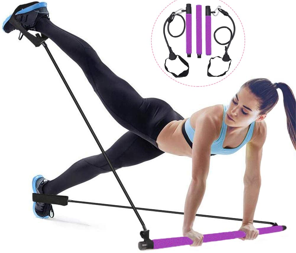 Velageo Pilates Bar Kit for Portable Home Gym Workout + 2 Latex Exercise Resistance Band, 3-Section Sticks - All-in-one Strength Weights Equipment for Body Fitness Yoga Squat, Purple