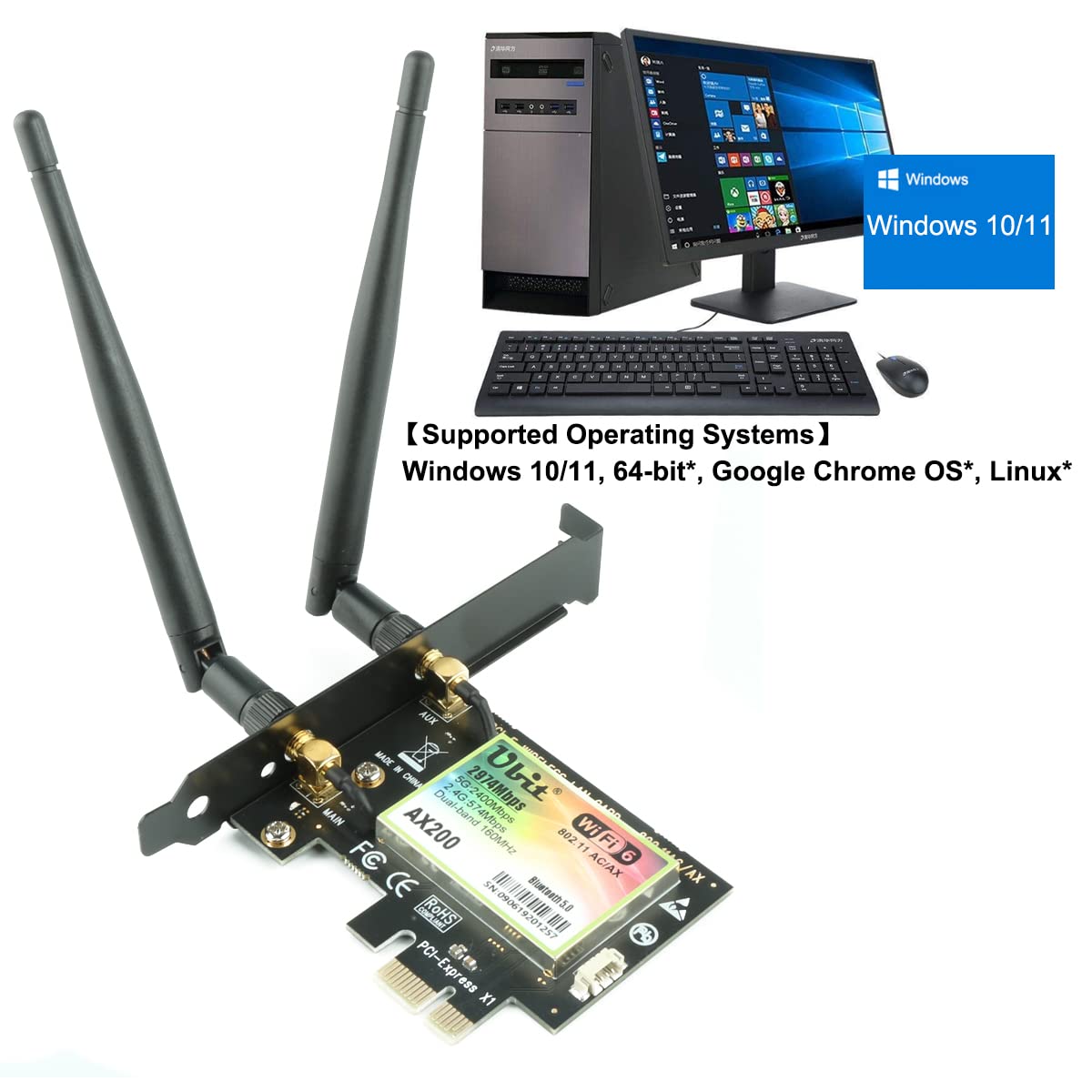 WiFi Card, Ubit AX/AC WiFi 6 Card Dual Band 2974 Mbps AX200 PCIE Bluetooth WLAN Network WiFi Card with Bluetooth 5.0 | MU-MIMO| OFDMA| Ultra-Low Latency, Support WIN 10-64B
