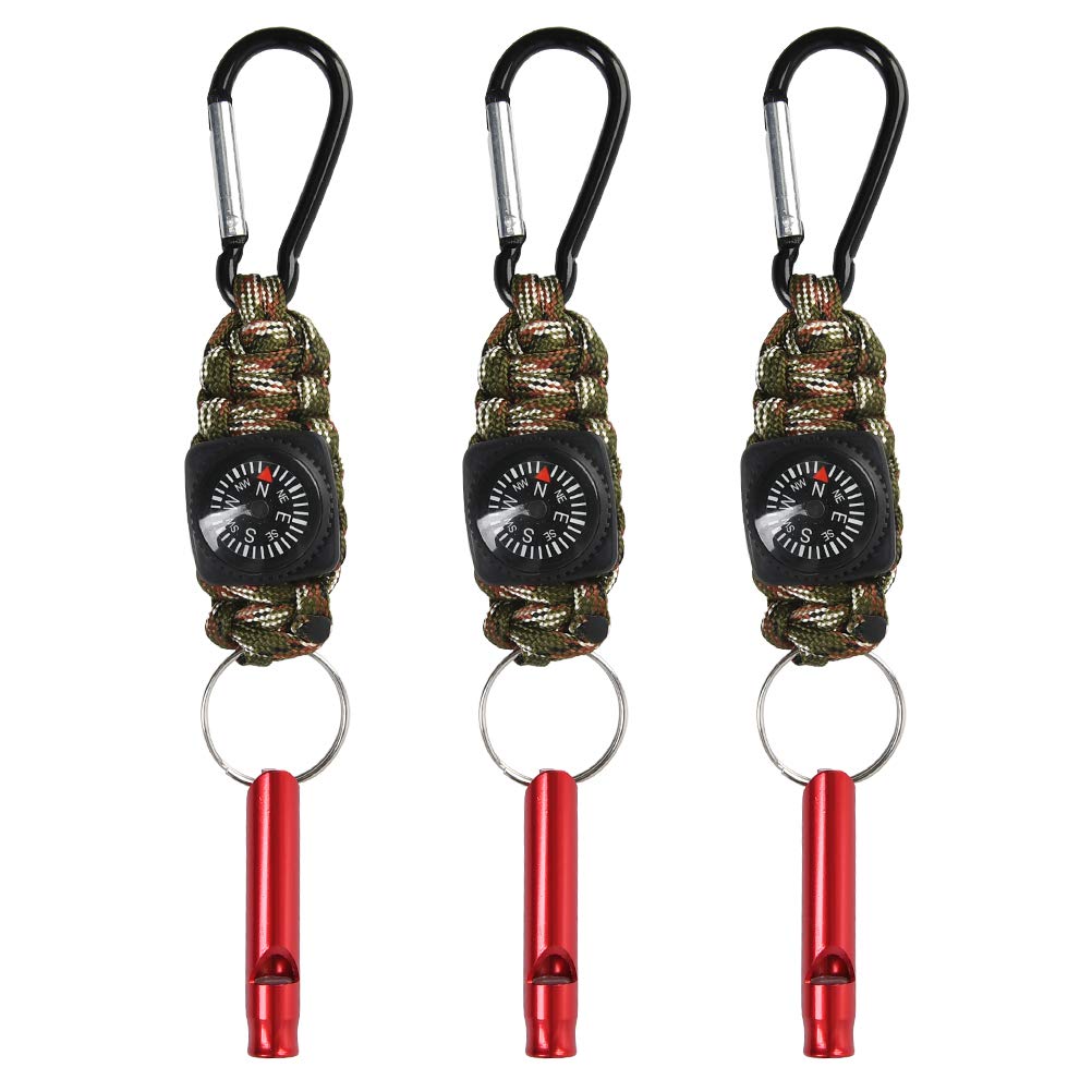 "N/A" 3 Pcs 4-In-1 Paracord Keyring,Paracord Keyring with Carabiner clip & Navigation Compass Survival Whistle,Multifunction Paracord Carabiner clip for Hiking on Camping Grounds