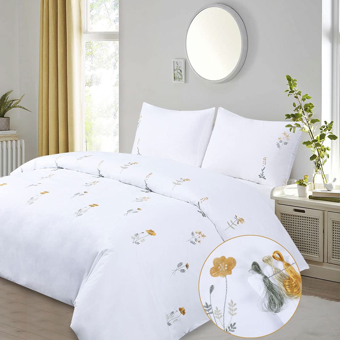 Floral Duvet Cover Set Double White Yellow Flower Embroidered Bedding Set Cottagecore Elegant Botanical Wildflower French Country Cottage Fresh Summer Blossom 3 Pieces 200x200 Girls