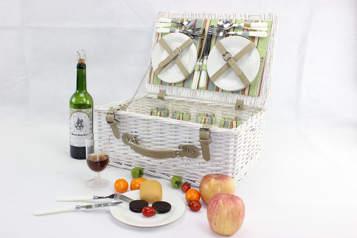 Vintage White Antique Picnic Hamper Basket for 4 Persons with Easy Carry Handle