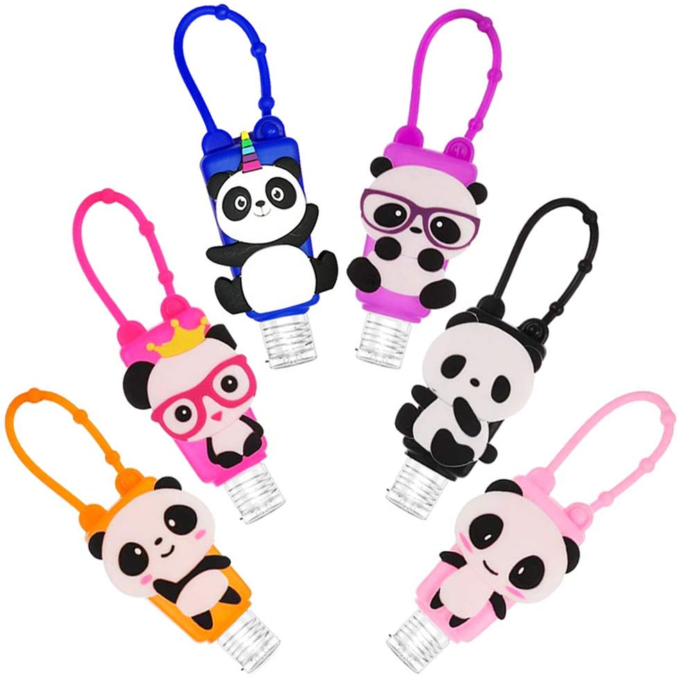 Kids Hand Gel Holder Bottles with Clips, Travel Keyring Refillable Empty Containers Keychain on Bag for School - Panda