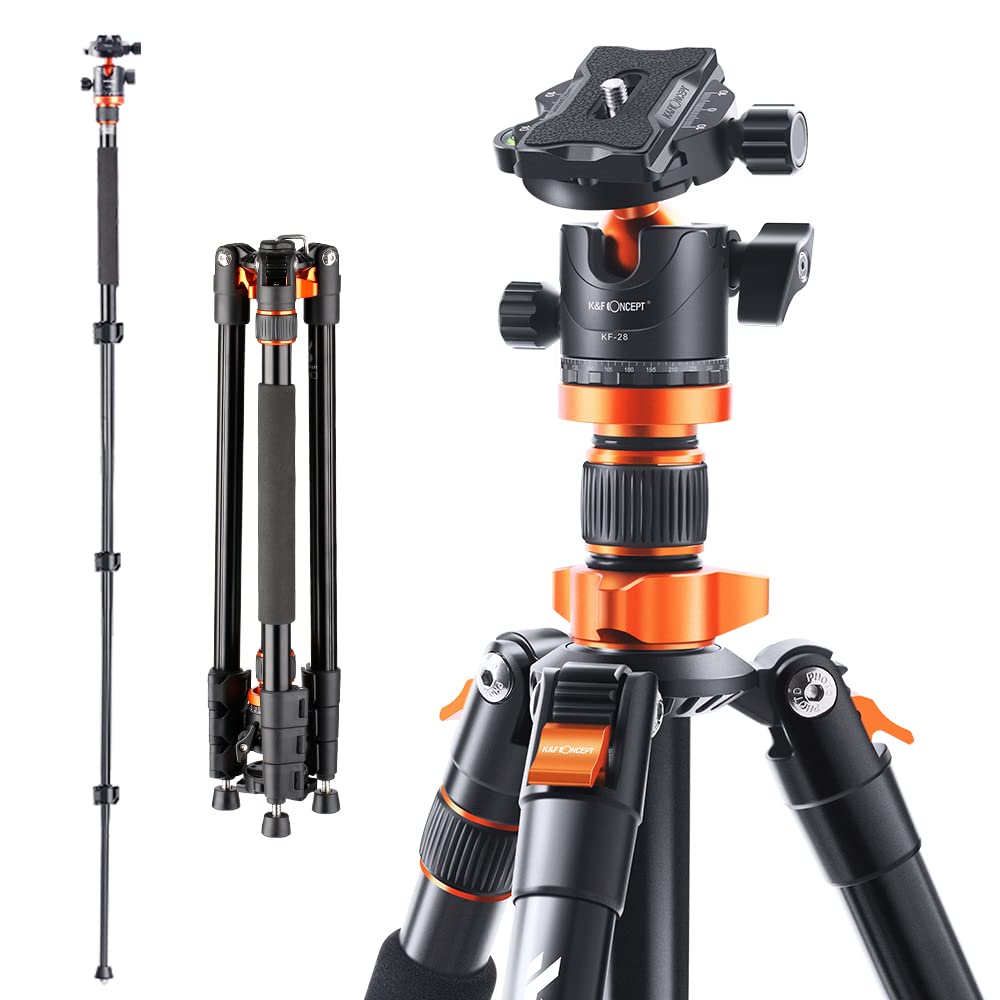 Camera Tripod 79"/200cm, K&F Concept DSLR Tripods Aluminum Travel Vlog Tripod Monopod with Ball Head Carrying Case Loading Up to 22lbs/10kg for Canon Nikon Sony K234A7+BH-28L (Old Model S210)