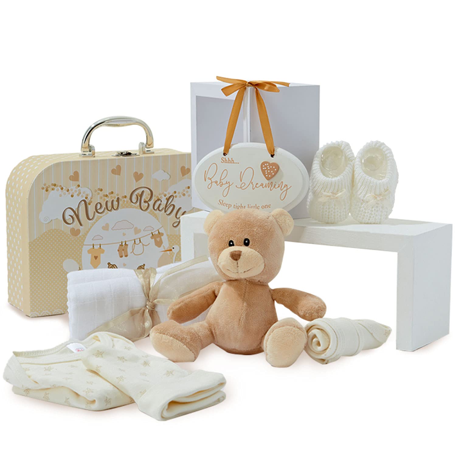 Newborn Unisex Baby Gift Set - Hand Packed Unisex Hamper Styled as a Case with Teddy Bear, Knitted Booties, Bib, Hat, Muslin Cloth and Hanging Plaque