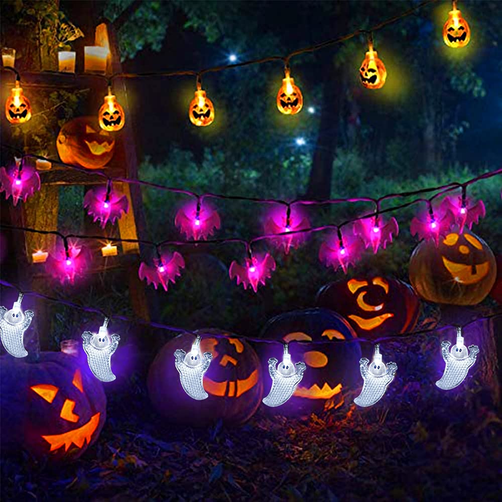 Halloween Lights Halloween String Lights 3Pack 29ft 60 LED 3D Pumpkin Ghost Bat String Lights Battery Operated Halloween Indoor Decorations