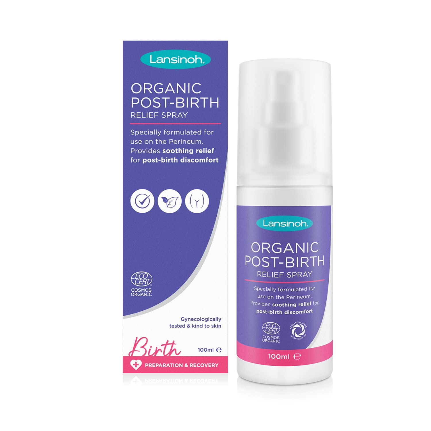 Lansinoh Organic Post-Birth Relief Spray - 100ml Spray Bottle Postnatal Relief Spray for Recovery Natural Ingredients Soothing Formula to Soothe After Birth, Clear, (Pack of 1)