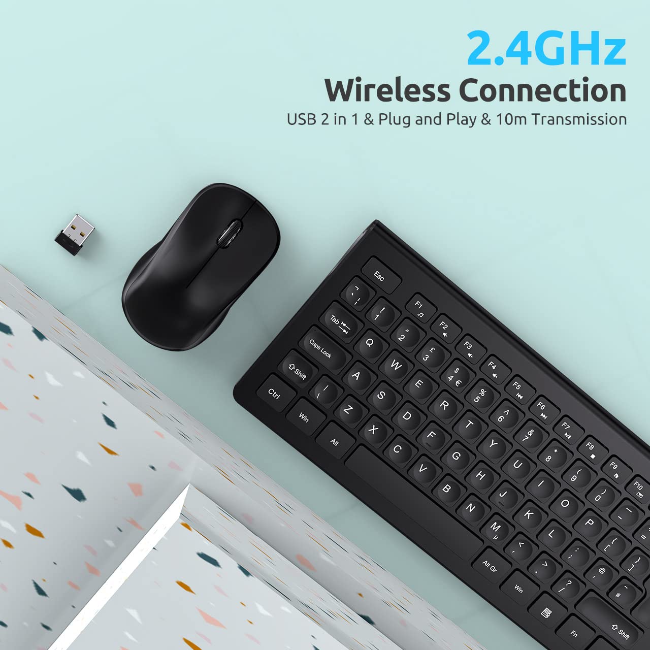 Wireless Keyboard and Mouse Set UK, Energy Saving, 2,4 GHz Ergonomic Full Size Keyboard with Micro Concave Keycaps, Silent Cordless Mouse, for Windows, Computer, PC, Laptop, Home Office - Black