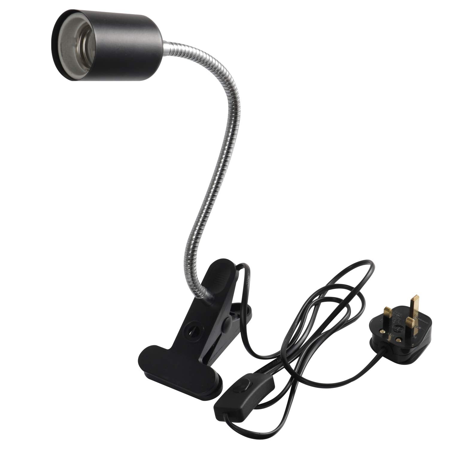 Clip-on Desk Light Bulb Holder, JIGUOOR Heat Lamp E27 Base 360° Flexible-Adjust, Clamp Light Bulb Holder with Plug & Switch, Heat Lamp for Tortoise Reptiles, Plant, Reading(Black, No Bulb)
