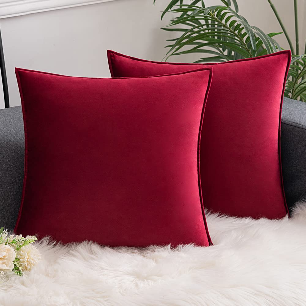 Comvi Wine Red Cushions with Covers Included Sets 4 Pcs – (2 Cushion Inserts, 2 Cushion Covers) - Decorative pillows filled –Flanged Velvet Sofa Cushions - throw pillow - Cushions 45cm x 45cm Filled