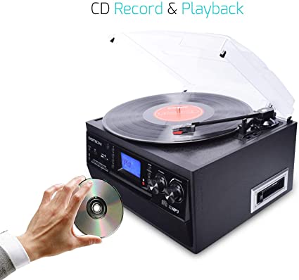DIGITNOW! Bluetooth Viny Record Player, Turntable for CD, Cassette, AM/FM Radio and Aux in, USB port and SD Encoding, Remote Control, with Standalone Stereo Speakers
