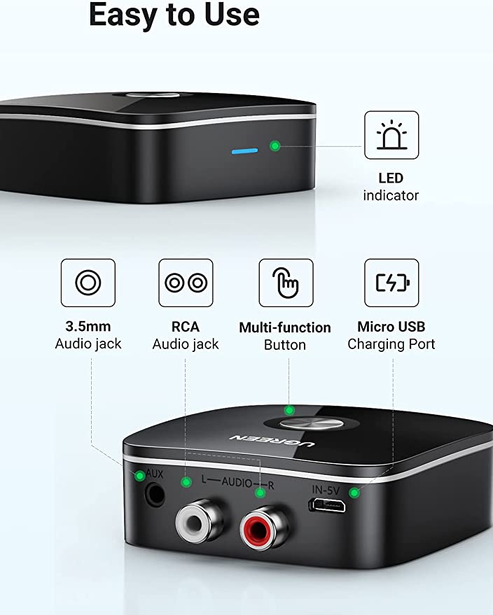 UGREEN Bluetooth 5.0 Receiver for HiFi, Bluetooth Audio Adapter with RCA and 3.5mm Jack, Bluetooth Amplifier Receiver for Headphone, Home Stereo, Speaker, Amplifier, Car Aux, Non-Bluetooth Devices