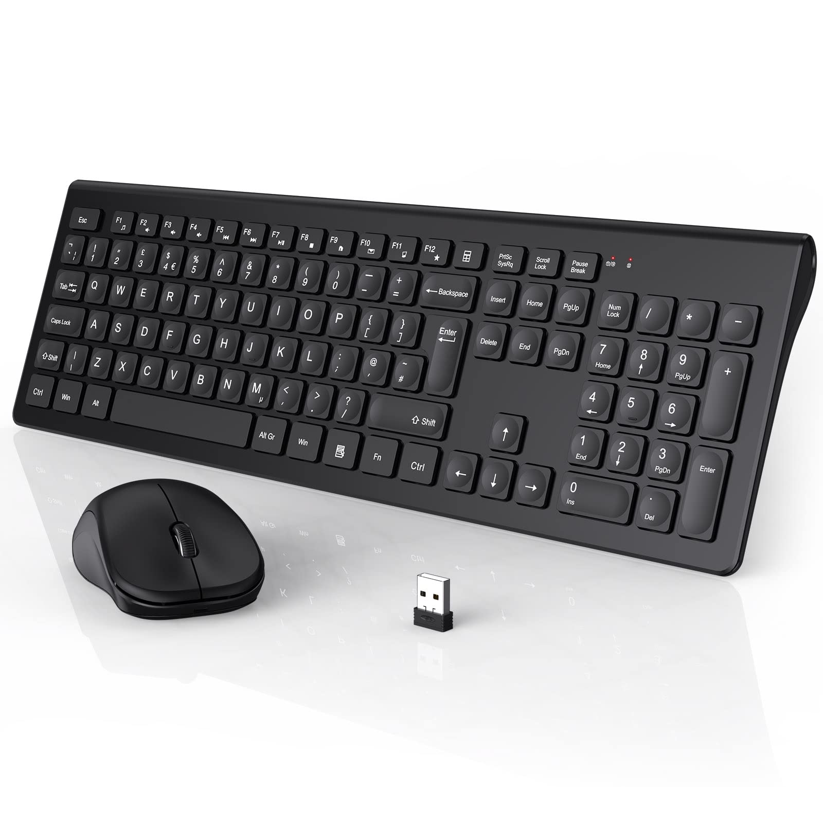 Wireless Keyboard and Mouse Set UK, Energy Saving, 2,4 GHz Ergonomic Full Size Keyboard with Micro Concave Keycaps, Silent Cordless Mouse, for Windows, Computer, PC, Laptop, Home Office - Black