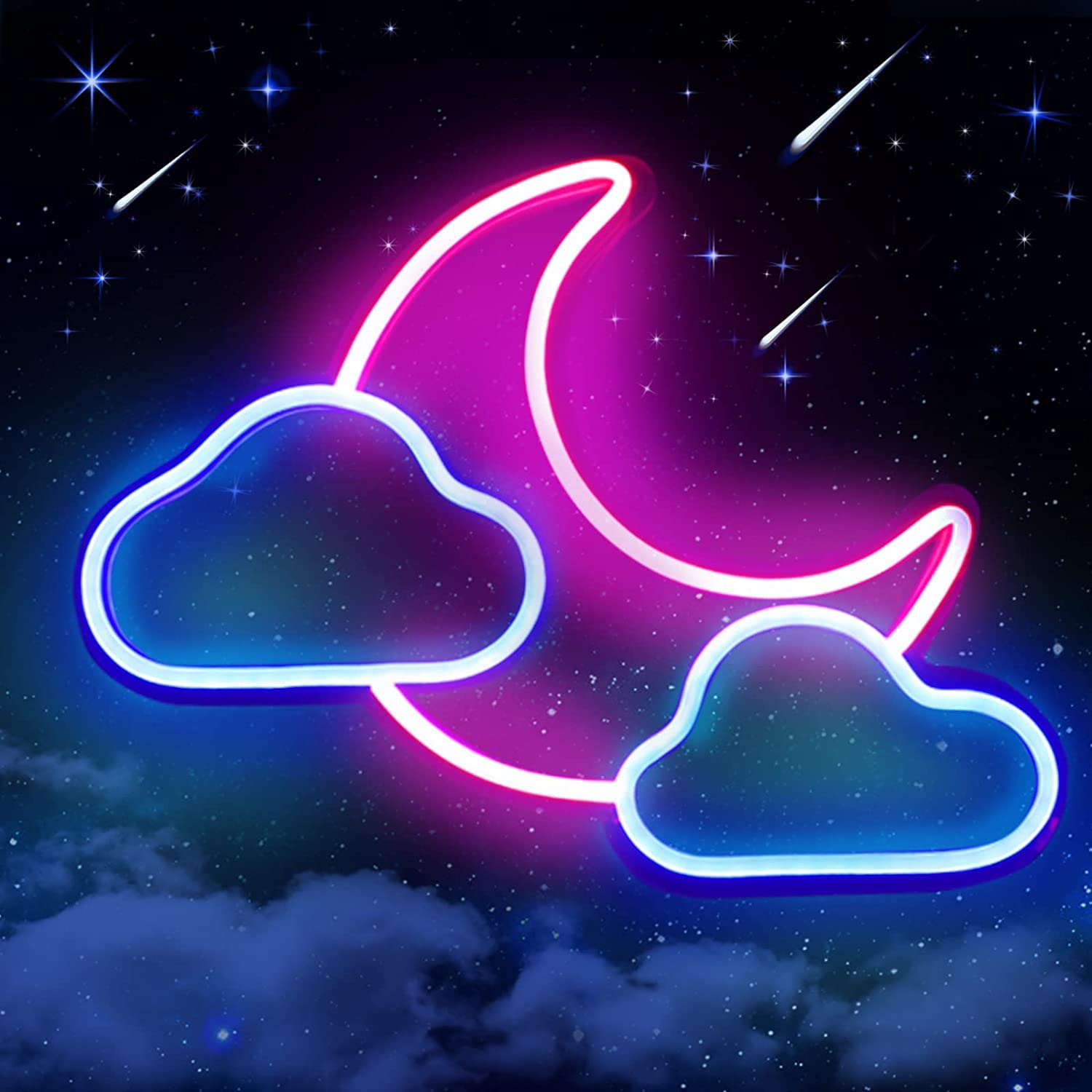 Moon Cloud Neon Light Sign, Blue/Pink Led Lights Signs for Wall Decor, USB Powered Neon Signs for Kids Room, Bedroom, Girls, Wedding, Party, Bar, Christmas Night Light