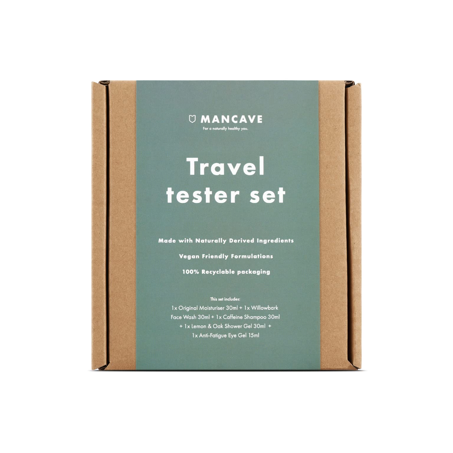 ManCave Travel Tester Men's Gift Set, Featuring: Original Moisturiser [30ml] Willowbark Face Wash [30ml], Caffeine Shampoo [30ml], Lemon & Oak Shower Gel [30ml] & Anti-Fatigue Eye Gel [15ml]