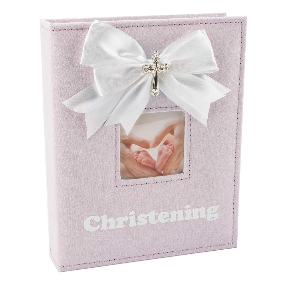 Happy Homewares White Faux-Silk Double Bow and Silver Plated Cross Christening Photo Album in Pink - Holds 60 6x4 Pictures - Gorgeous Christening Gift Idea for Baby Girl