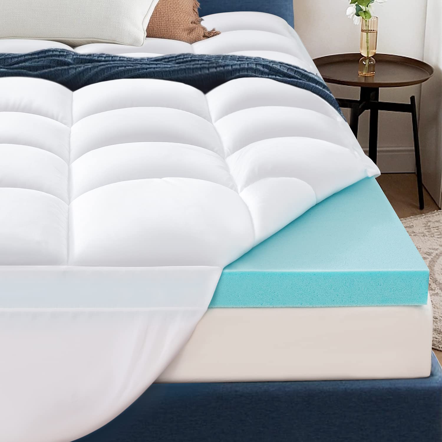Elemuse Dual-Layer Memory Foam Mattress Topper Double Bed for Back Pain - Cooling Mattress Topper with Washable Mattress Cover, Firm Mattress Topper with OEKO-TEX & CertiPUR-US (Double Size-135x190cm)