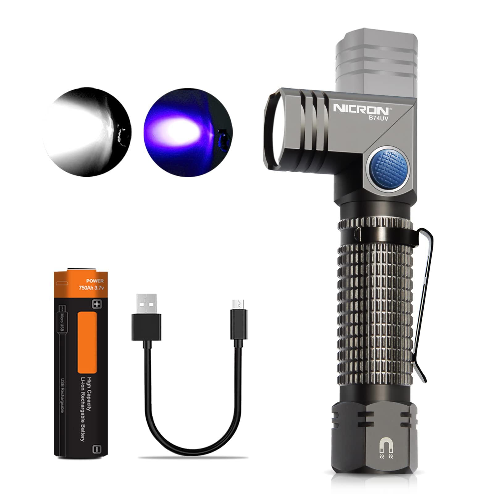 NICRON UV Torch 90 Degree Head, 395nm Ultraviolet, 700 Lumen LED Flashlight, 2 in 1 Waterproof Black Light, Upgraded Battery Included B74UV
