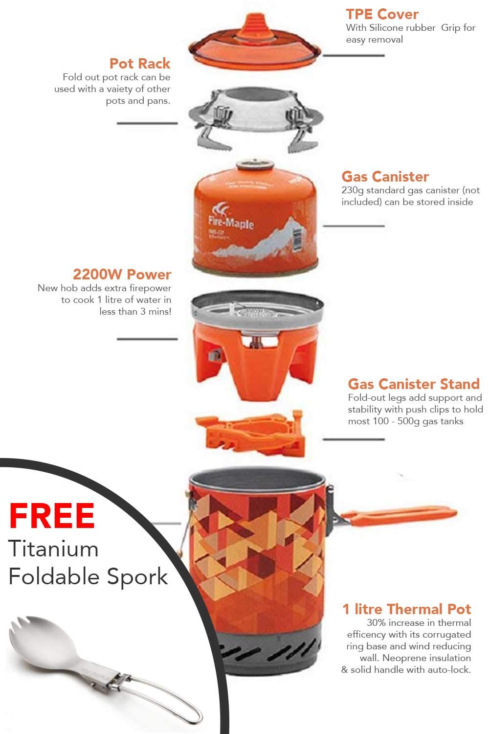 Fire-Maple 2022 Version FMS-X2 Ultralight Compact Windproof Cooking Jet Boiler Stove | Titanium Spork Piezo Ignition Support & Stand (Orange | 2200W)