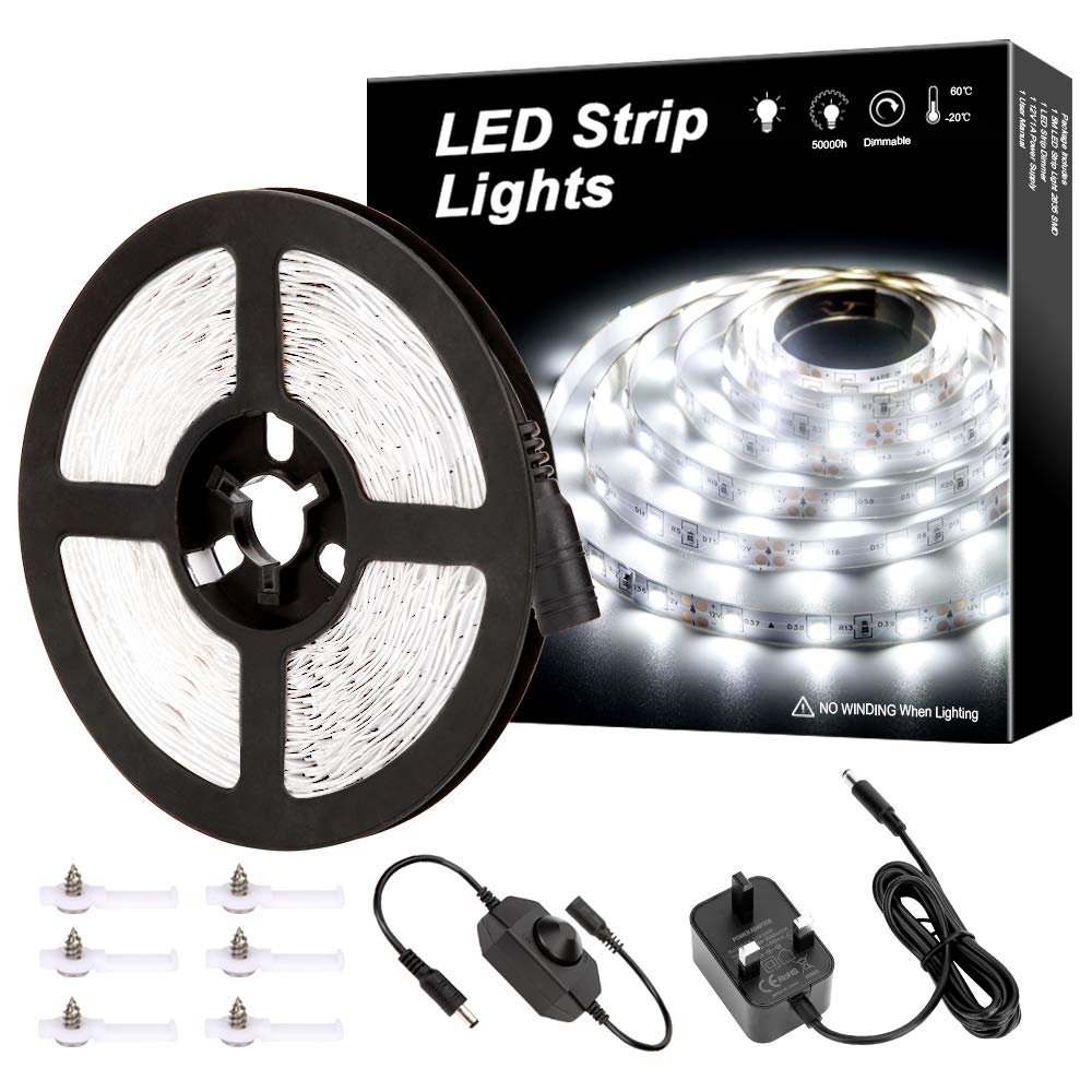 MH 5M Dimmable LED Strip Lights Kits, 12V Tape Light, 300 2835 LED, 16.4ft 6000K Daylight White Ribbon with Power Adapter, Light Strips for Under Bed, Vanity Mirror, Cabinet, Kitchen, Non-Waterproof