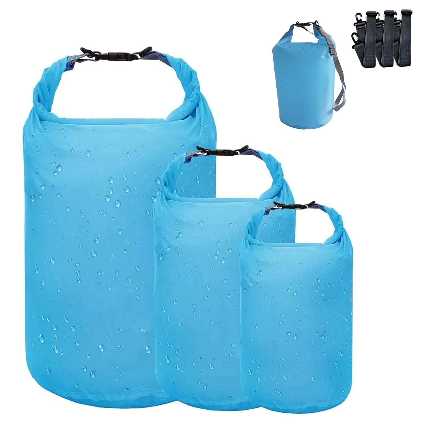 Dry Sacks, 3 Pack Waterproof Dry Bags Lightweight Dry Storage Bag Snorkeling Bag Drifting Bag with 3pcs Shoulder Straps for Kayaking Rafting Boating Travelling Hiking (Blue, 5L+10L+20L)