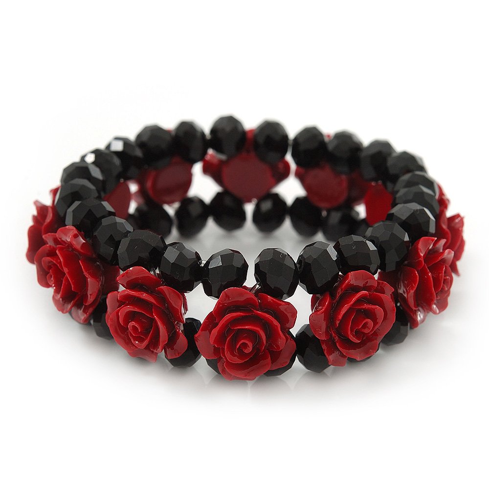 Avalaya Romantic Dark Red Resin Rose, Black Glass Bead Flex Bracelet - 19cm Length
