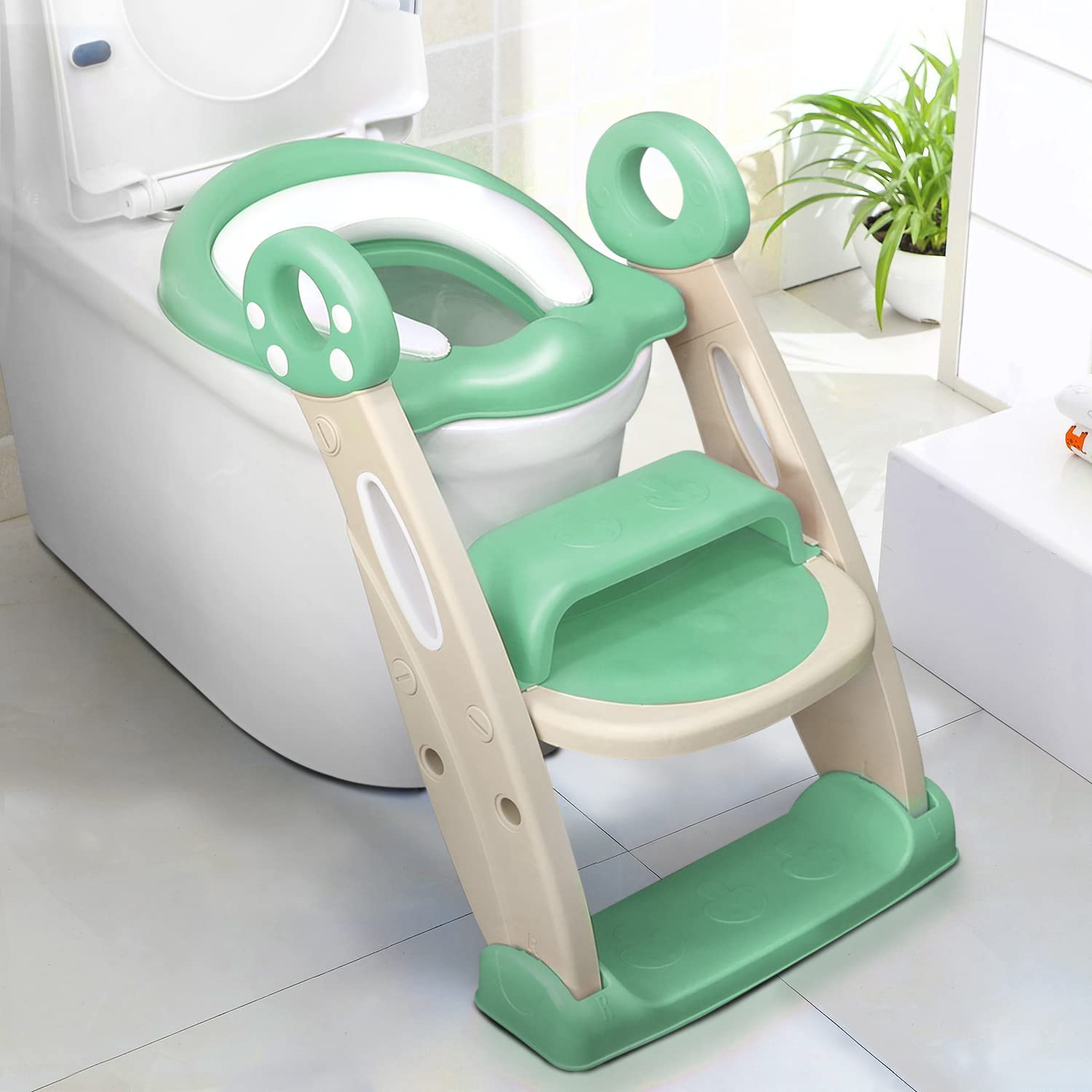 KIDOOLA Adjustable Toilet Pad Seat – For Toddler Baby Kid Boy Girl – Foldable Potty Urinal Trainer – Stool with Step – Lightweight Portable Bathroom Ladder Chair with Grip Handlers (Green)