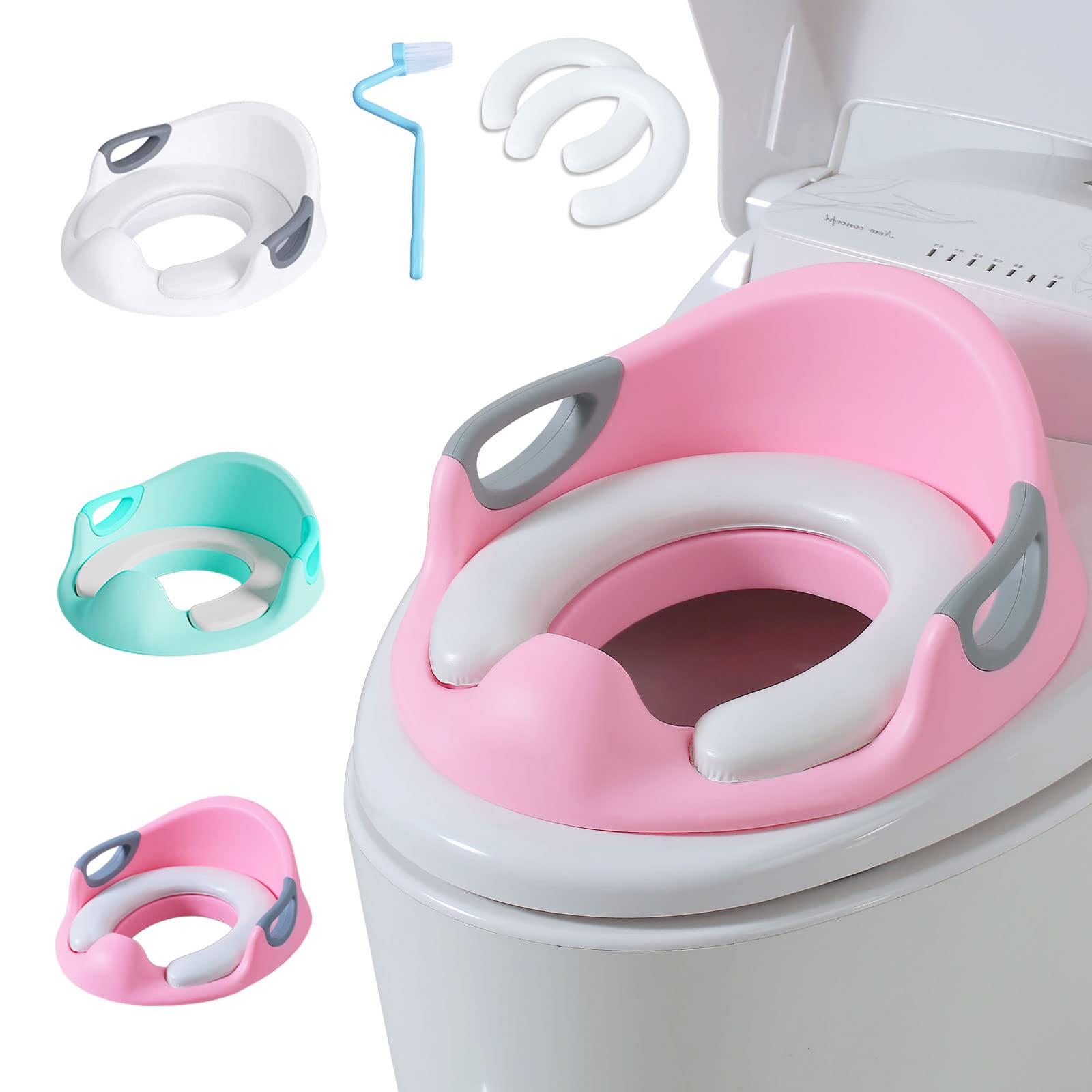Potty Training Seat for Kids Training Seat Easy to Clean Toilet Trainer with 2pcs Cushion Safety Handles Backrest Portable for Indoor Outdoor Travel Apply to Round and Oval Toilets (Pink)