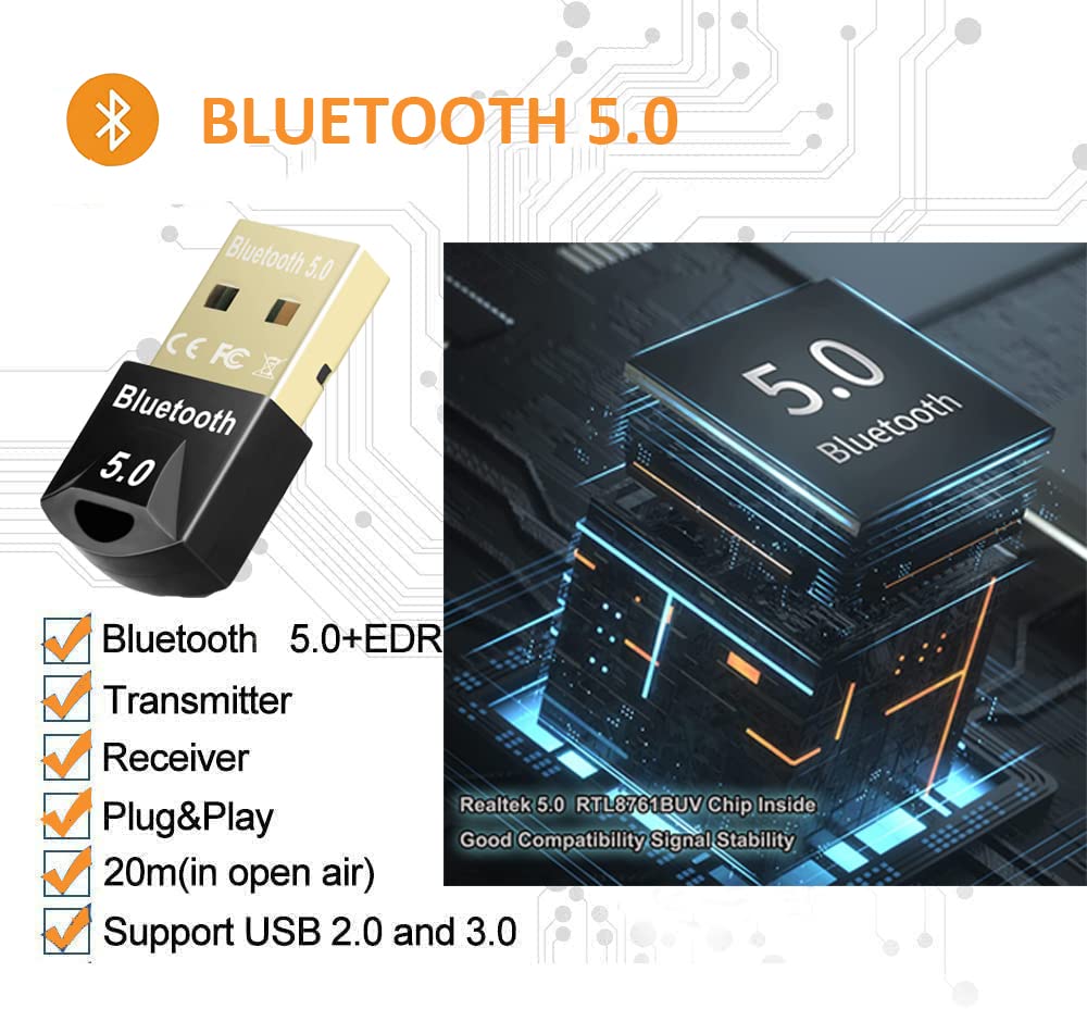 USB Bluetooth 5.0 Adapter Dongle for PC, Bluetooth Receiver for Laptop Computer Desktop, Support windows 10/8/8.1/7, Low Latency Wireless Transfer for Headset Speaker Keyboard Mouse Printer