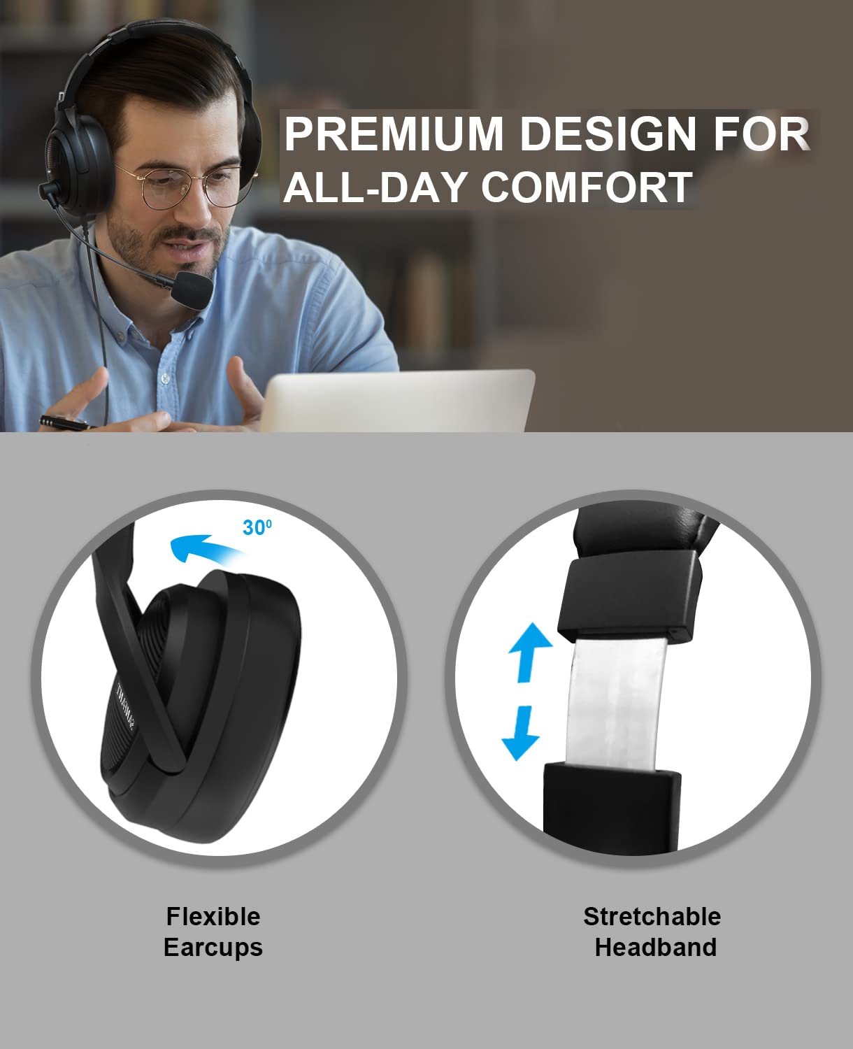 USB Headset/3.5mm PC Headphones with Microphone Noise Cancelling, Flexible Over-Ear Earcups and Rotatable Boom Mic, Wired Computer Headset, Comfort Office Headset for Laptop/Call Center/Cell Phone