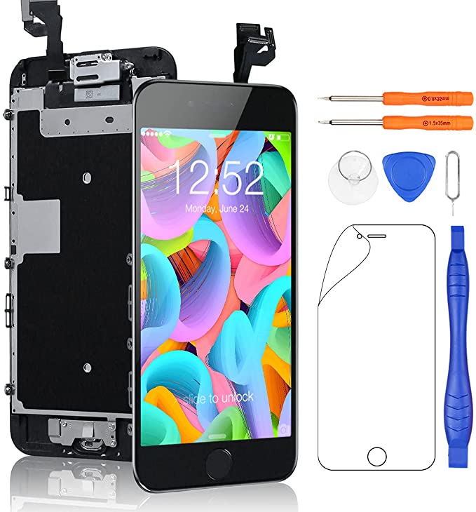 Yodoit for iPhone 6s Screen Replacement Black With Home Button, Front Camera, Earpiece Speaker, LCD Display Touch Digitizer Assembly + Repair Tool, Screen Protector