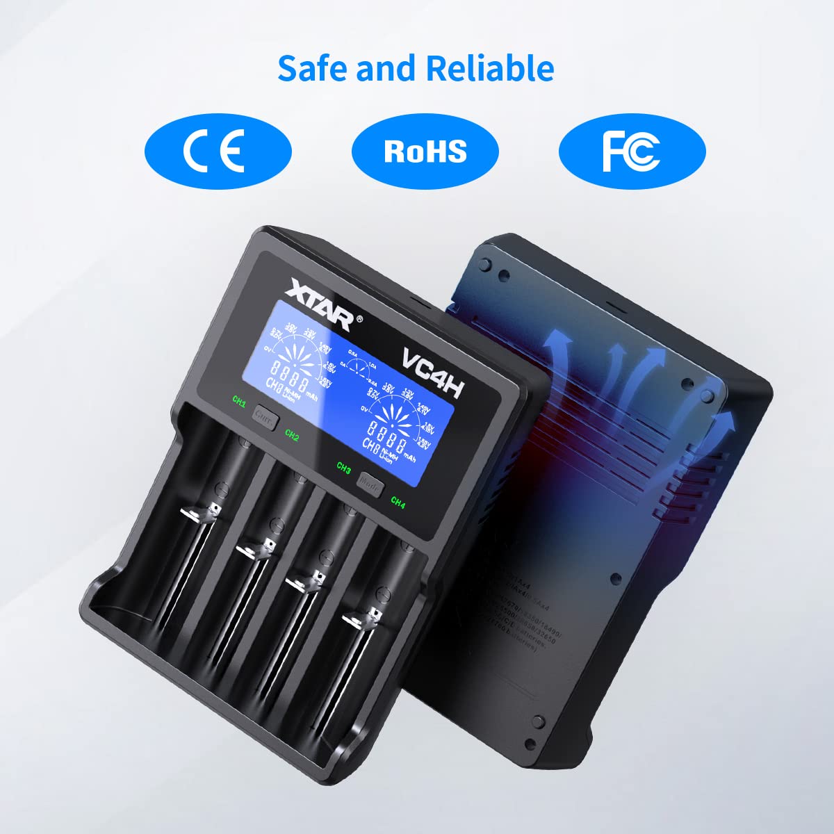 XTAR VC4H Charger 2022 NEW 18650 Battery Charger 4bays Universal 18650 Charger with LCD Display USB vap battery charger for liion 3.7v battery 16340 18350 20700 21700 26650 1.2V NI-MH NI-CD AAA AA