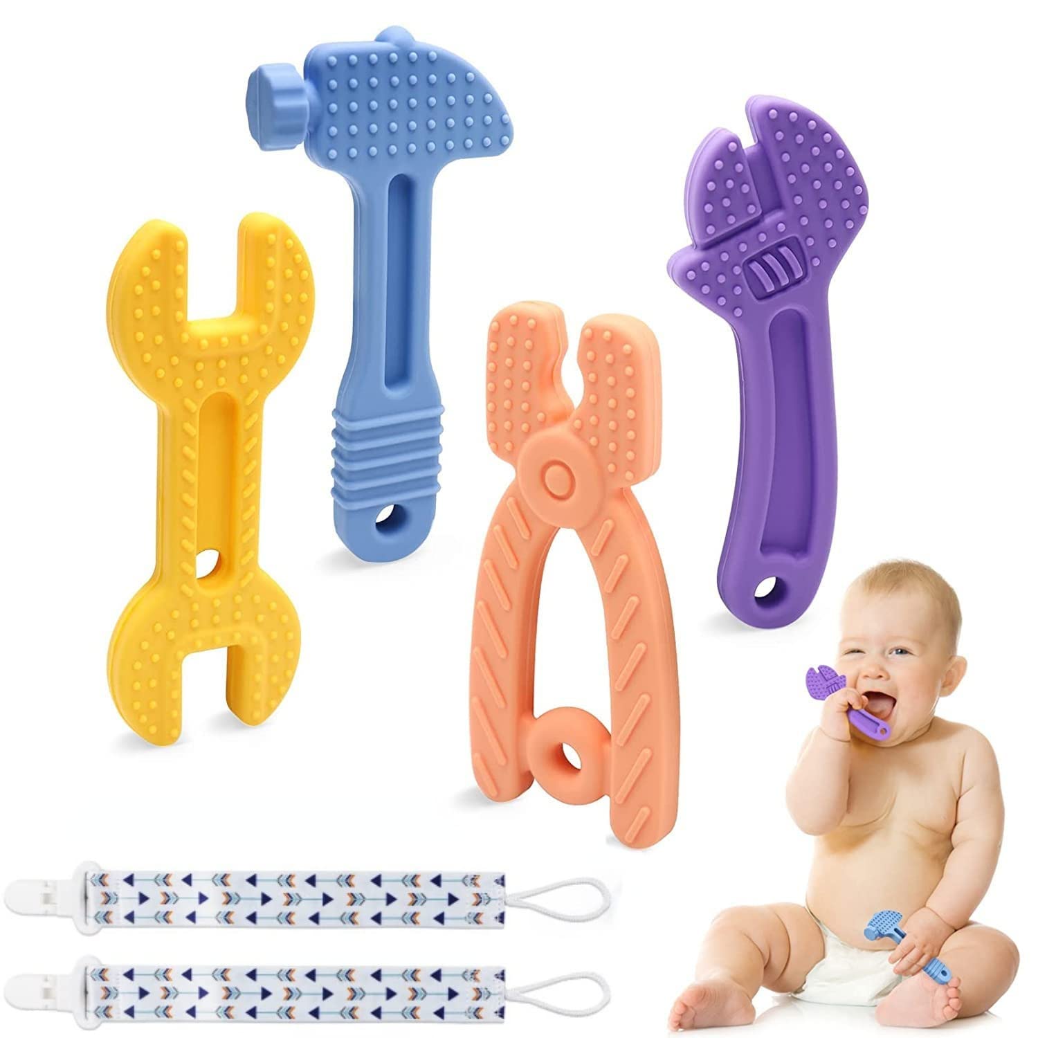 Baby Teething Toys , TASIPA Silicone Baby Molar Teether Chew Toys with Pacifier Clips, Hammer Wrench Spanner Pliers Shape Baby Toys for Stimulates and Massages Sore Gums