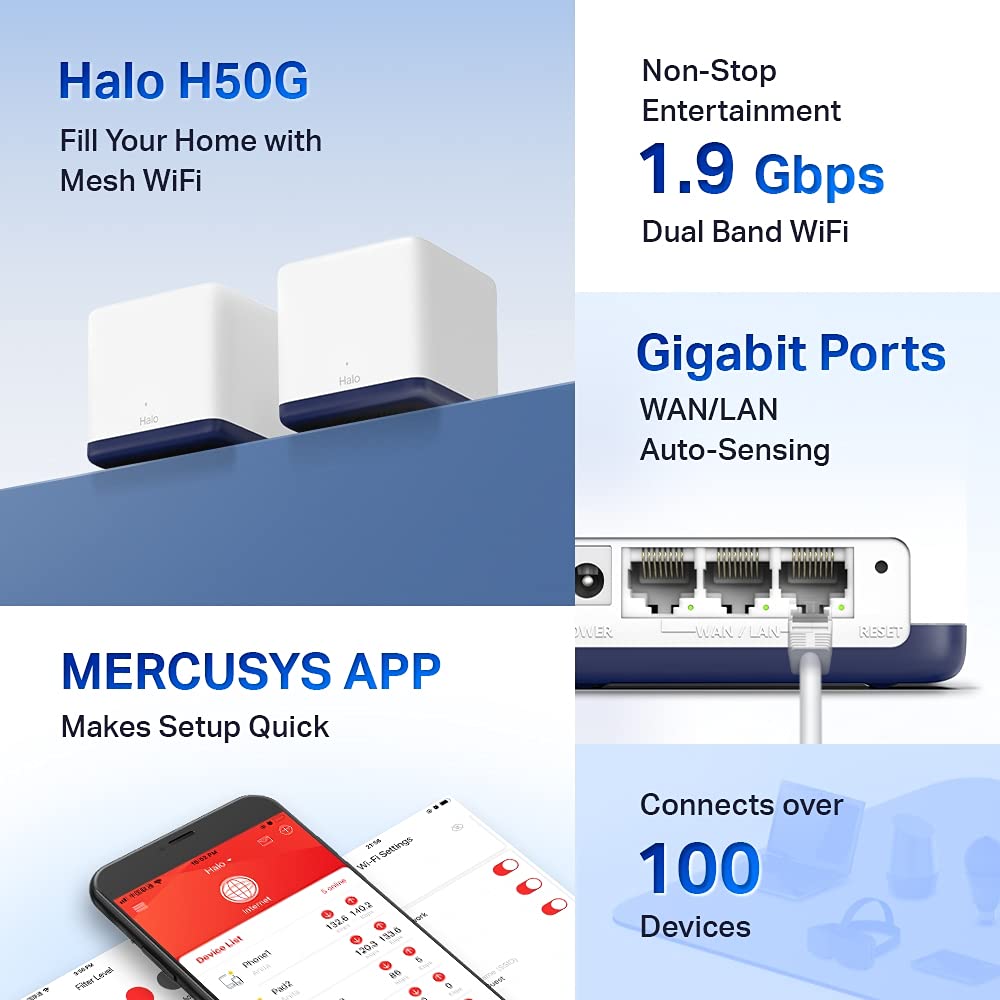 Mercusys AC1900 Whole Home Mesh Wi-Fi System, Coverage up to 4,000 ft² (350 m²) Connect over 100 Devices, Full Gigabit Ports, Dual Band Wi-Fi, Easy App Control, Halo H50G(2-pack)
