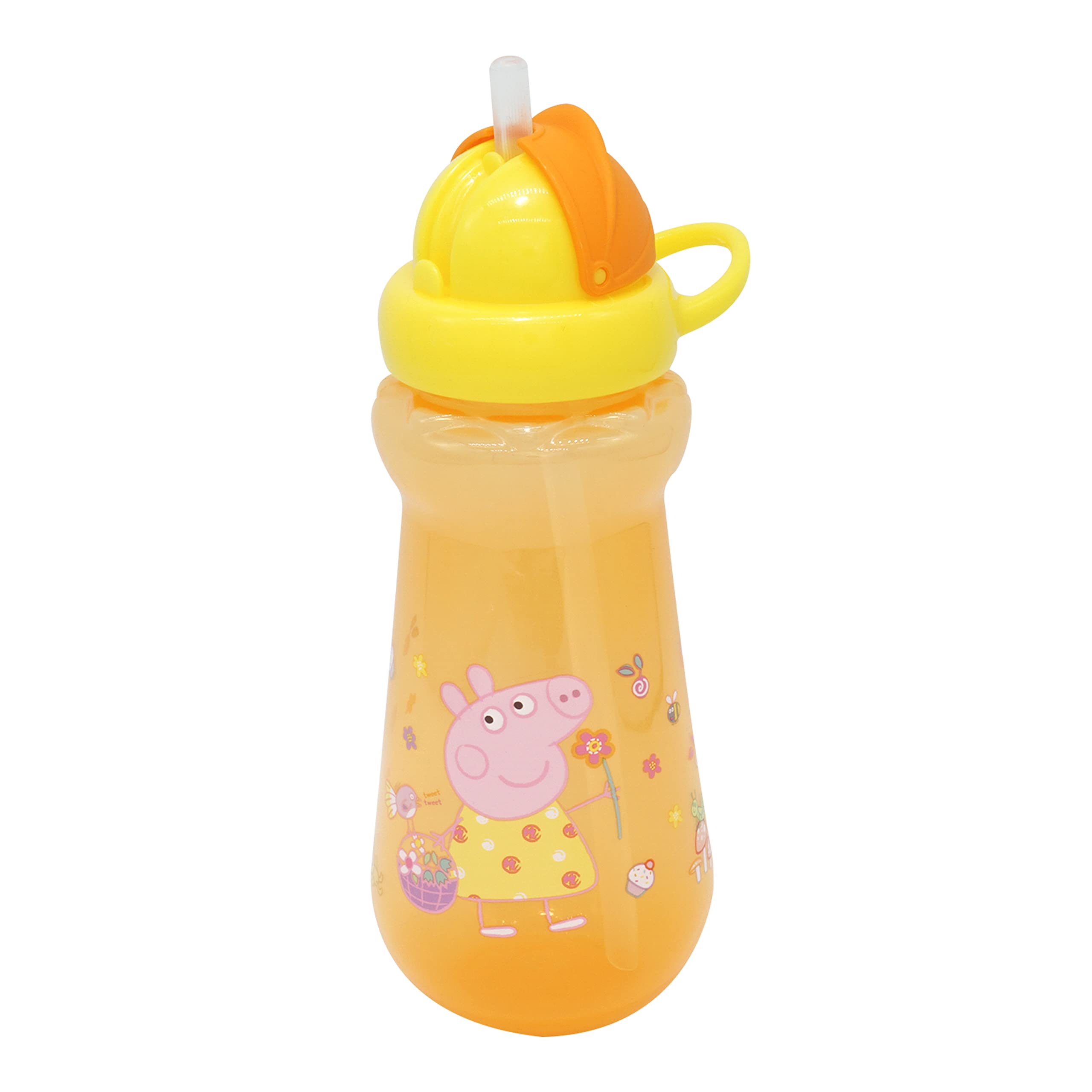 SRV Hub® 340ml Peppa Pig Straw Sipper Water Bottle with Flip Top for Kids, Sports Gift Ideal for School, Leak Proof and Reusable, BPA Free (Orange Colour)