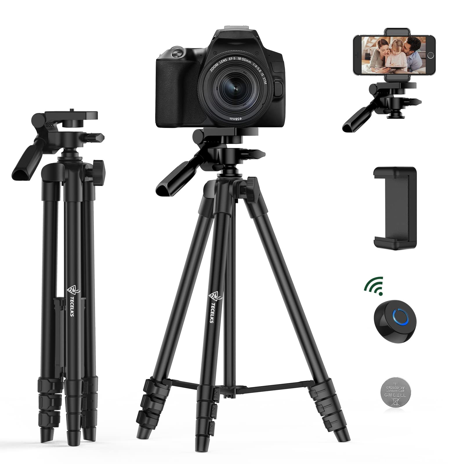 Lightweight Tripod 55-Inch/135cm, Travel/Video/Phone/Camera Tripod Stand with Wireless Remote Shutter, Phone Clip, Carry Bag for Travel/YouTube Video/Photography/Vlog, Compatible with iOS & Android