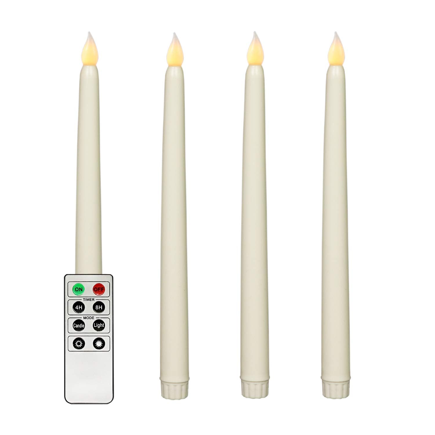 Rhytsing Set of 4 Battery Operated Led Taper Candles with Remote, Ivory Dining Candles Smooth Wax Finish, Warm White LED, Batteries Included